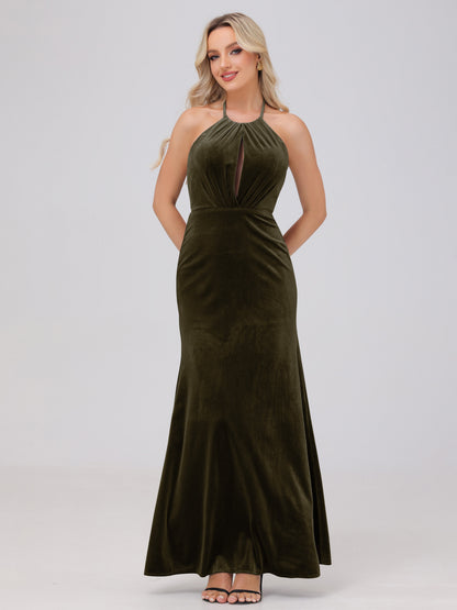 Sheath Halter Floor Length Open Back Velvet Bridesmaid Dresses