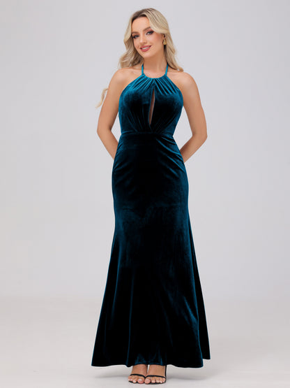 Sheath Halter Floor Length Open Back Velvet Bridesmaid Dresses