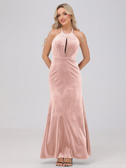 Sheath Halter Floor Length Open Back Velvet Bridesmaid Dresses