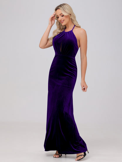 Sheath Halter Floor Length Open Back Velvet Bridesmaid Dresses