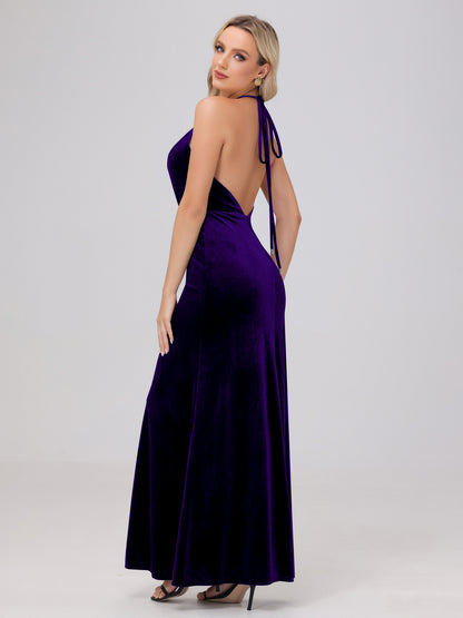 Sheath Halter Floor Length Open Back Velvet Bridesmaid Dresses
