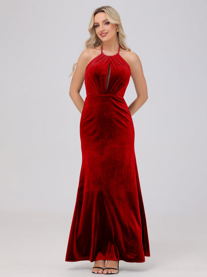 Sheath Halter Floor Length Open Back Velvet Bridesmaid Dresses