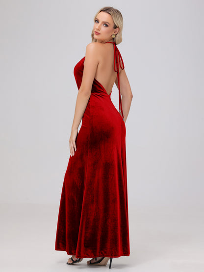 Sheath Halter Floor Length Open Back Velvet Bridesmaid Dresses