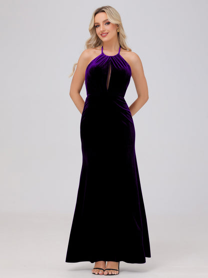 Sheath Halter Floor Length Open Back Velvet Bridesmaid Dresses