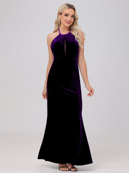 Sheath Halter Floor Length Open Back Velvet Bridesmaid Dresses