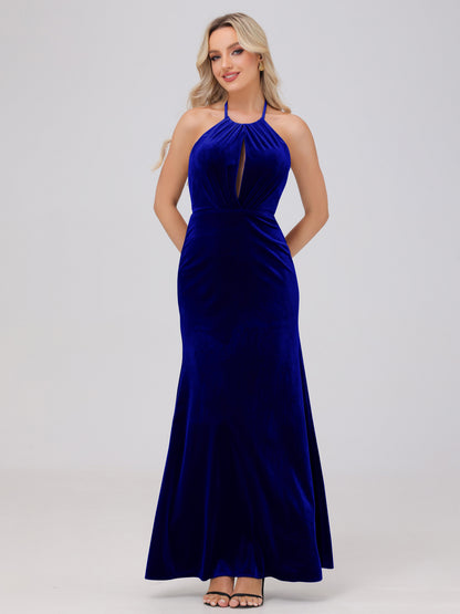 Sheath Halter Floor Length Open Back Velvet Bridesmaid Dresses