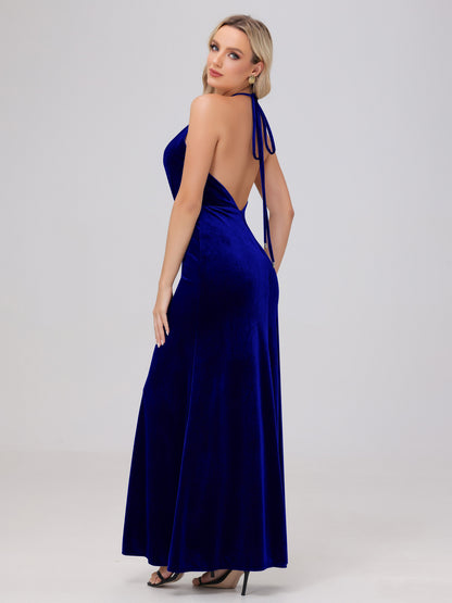 Sheath Halter Floor Length Open Back Velvet Bridesmaid Dresses