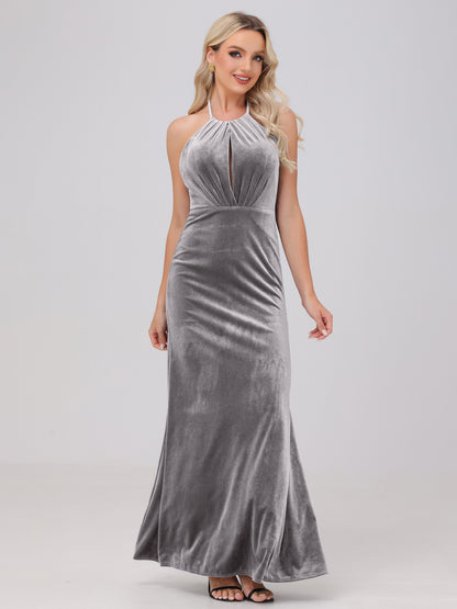 Sheath Halter Floor Length Open Back Velvet Bridesmaid Dresses