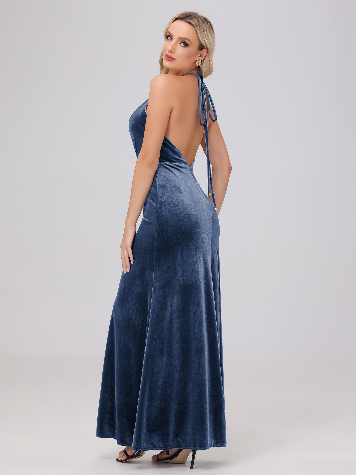 Sheath Halter Floor Length Open Back Velvet Bridesmaid Dresses
