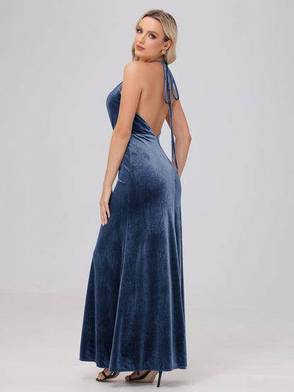 Sheath Halter Floor Length Open Back Velvet Bridesmaid Dresses