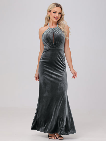 Sheath Halter Floor Length Open Back Velvet Bridesmaid Dresses