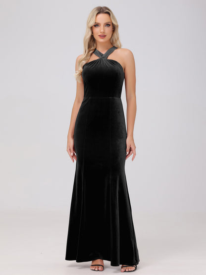 Sheath Halter Sleeveless Open Back Maxi Velvet Bridesmaid Dresses