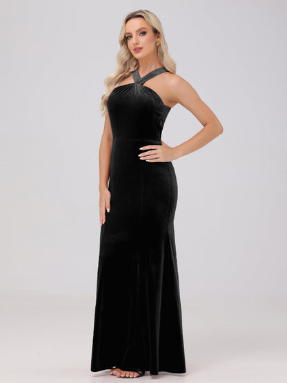 Sheath Halter Sleeveless Open Back Maxi Velvet Bridesmaid Dresses