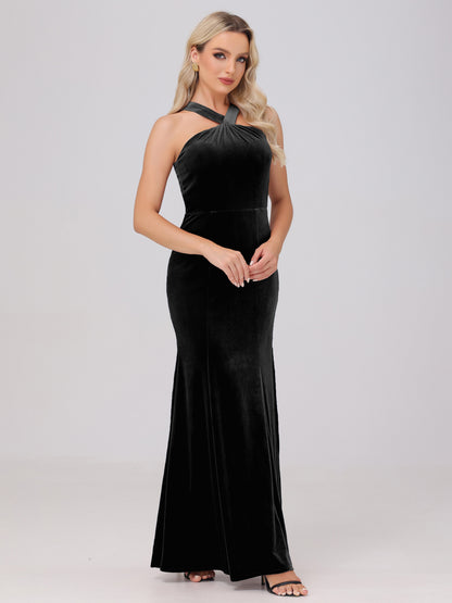 Sheath Halter Sleeveless Open Back Maxi Velvet Bridesmaid Dresses