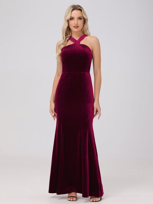 Sheath Halter Sleeveless Open Back Maxi Velvet Bridesmaid Dresses