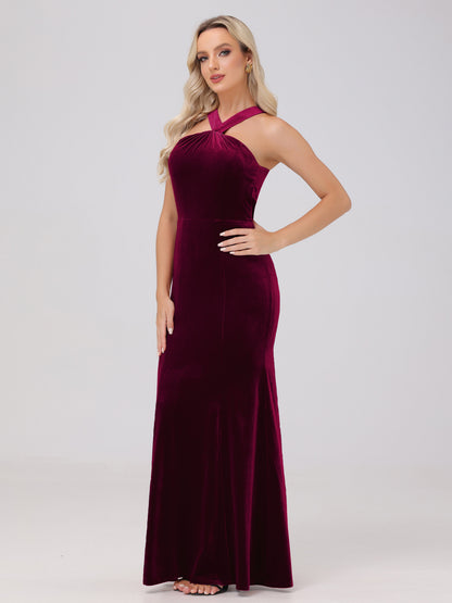 Sheath Halter Sleeveless Open Back Maxi Velvet Bridesmaid Dresses