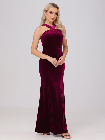 Sheath Halter Sleeveless Open Back Maxi Velvet Bridesmaid Dresses
