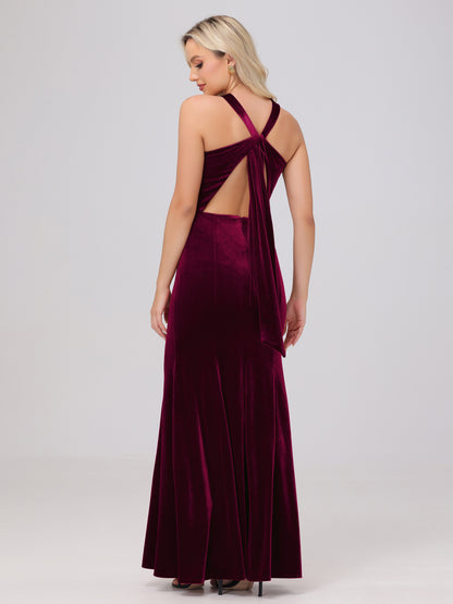 Sheath Halter Sleeveless Open Back Maxi Velvet Bridesmaid Dresses