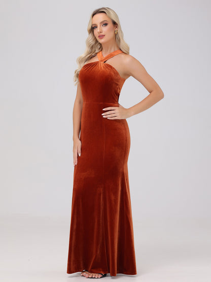 Sheath Halter Sleeveless Open Back Maxi Velvet Bridesmaid Dresses