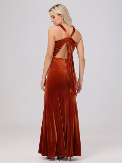 Sheath Halter Sleeveless Open Back Maxi Velvet Bridesmaid Dresses