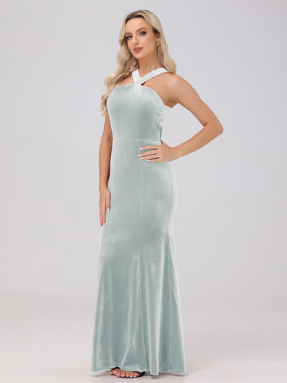 Sheath Halter Sleeveless Open Back Maxi Velvet Bridesmaid Dresses