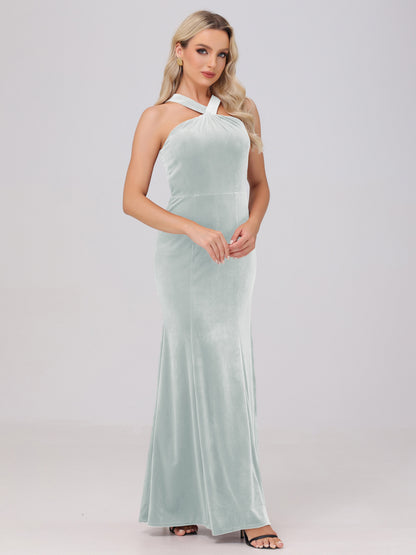 Sheath Halter Sleeveless Open Back Maxi Velvet Bridesmaid Dresses