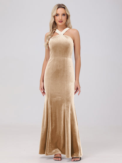 Sheath Halter Sleeveless Open Back Maxi Velvet Bridesmaid Dresses