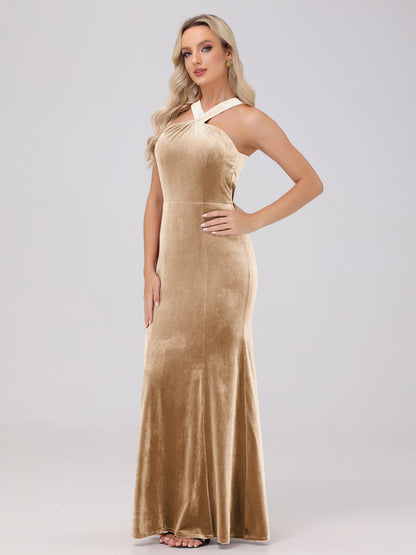 Sheath Halter Sleeveless Open Back Maxi Velvet Bridesmaid Dresses