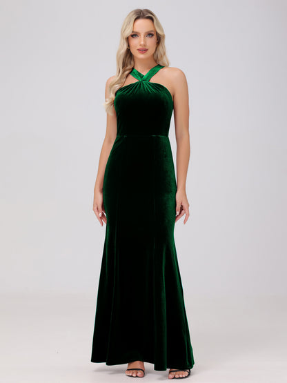 Sheath Halter Sleeveless Open Back Maxi Velvet Bridesmaid Dresses