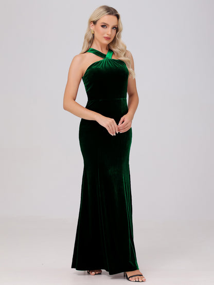 Sheath Halter Sleeveless Open Back Maxi Velvet Bridesmaid Dresses