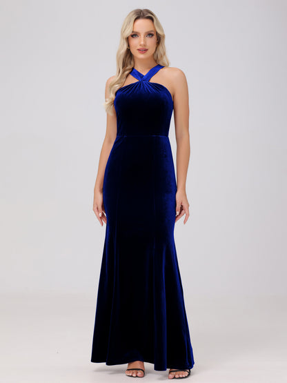 Sheath Halter Sleeveless Open Back Maxi Velvet Bridesmaid Dresses