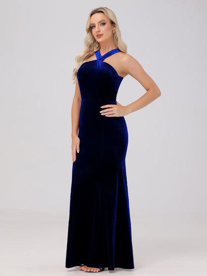 Sheath Halter Sleeveless Open Back Maxi Velvet Bridesmaid Dresses