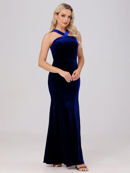 Sheath Halter Sleeveless Open Back Maxi Velvet Bridesmaid Dresses