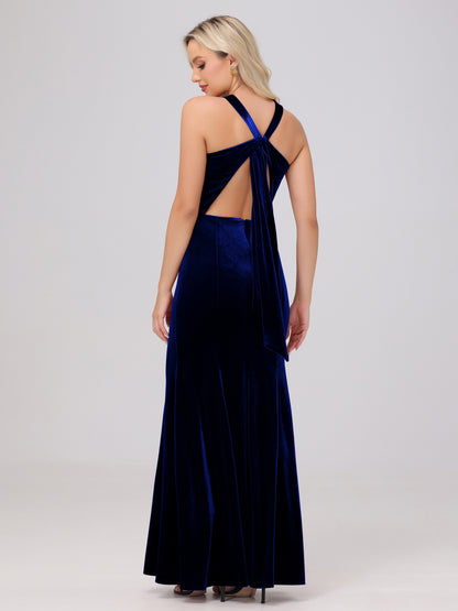 Sheath Halter Sleeveless Open Back Maxi Velvet Bridesmaid Dresses