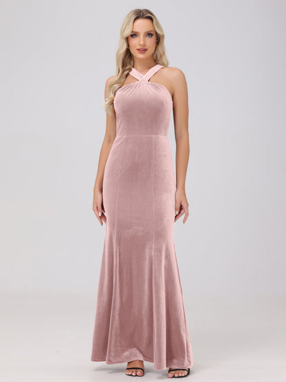 Sheath Halter Sleeveless Open Back Maxi Velvet Bridesmaid Dresses