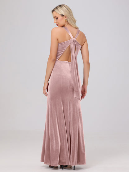 Sheath Halter Sleeveless Open Back Maxi Velvet Bridesmaid Dresses