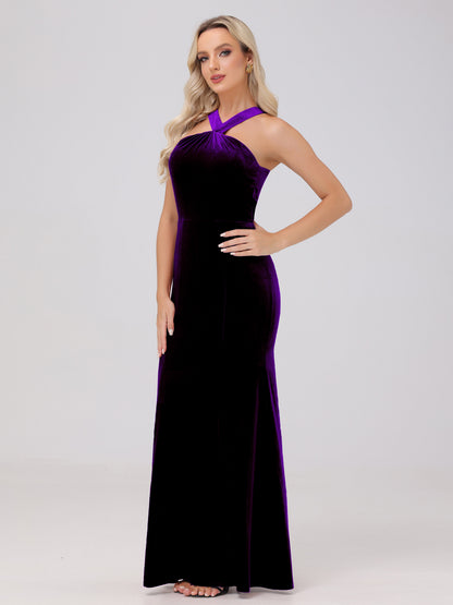 Sheath Halter Sleeveless Open Back Maxi Velvet Bridesmaid Dresses