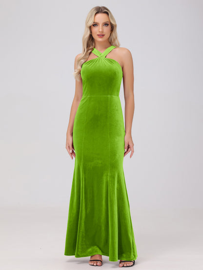 Sheath Halter Sleeveless Open Back Maxi Velvet Bridesmaid Dresses