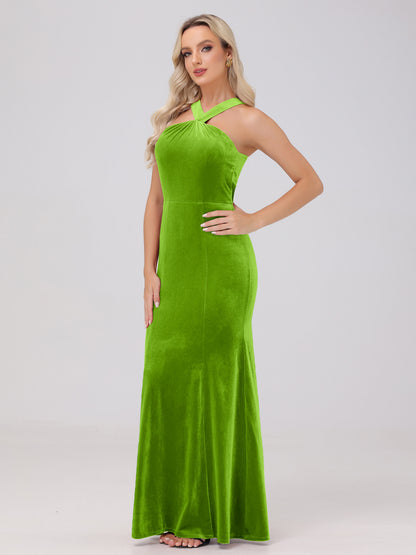 Sheath Halter Sleeveless Open Back Maxi Velvet Bridesmaid Dresses