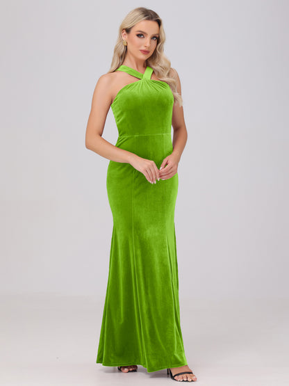 Sheath Halter Sleeveless Open Back Maxi Velvet Bridesmaid Dresses