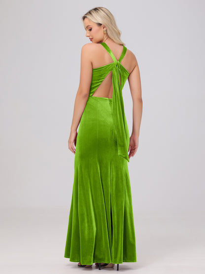 Sheath Halter Sleeveless Open Back Maxi Velvet Bridesmaid Dresses