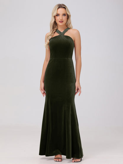 Sheath Halter Sleeveless Open Back Maxi Velvet Bridesmaid Dresses