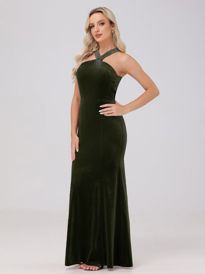 Sheath Halter Sleeveless Open Back Maxi Velvet Bridesmaid Dresses