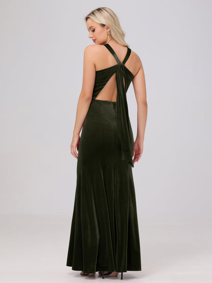 Sheath Halter Sleeveless Open Back Maxi Velvet Bridesmaid Dresses