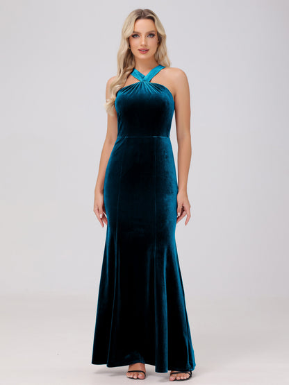Sheath Halter Sleeveless Open Back Maxi Velvet Bridesmaid Dresses