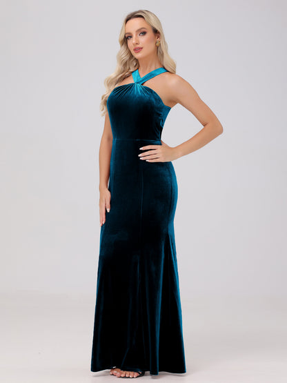 Sheath Halter Sleeveless Open Back Maxi Velvet Bridesmaid Dresses