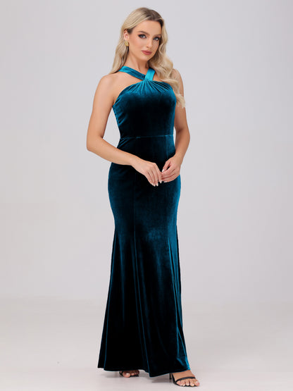 Sheath Halter Sleeveless Open Back Maxi Velvet Bridesmaid Dresses