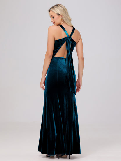 Sheath Halter Sleeveless Open Back Maxi Velvet Bridesmaid Dresses