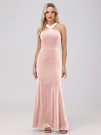 Sheath Halter Sleeveless Open Back Maxi Velvet Bridesmaid Dresses