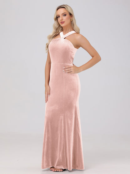 Sheath Halter Sleeveless Open Back Maxi Velvet Bridesmaid Dresses